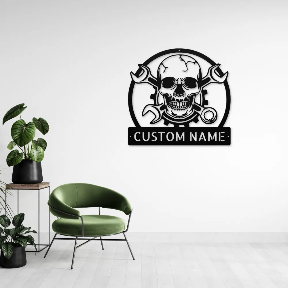 Personalized Skull Mechanic Metal Sign Personalized Skull Mechanic Metal Sign